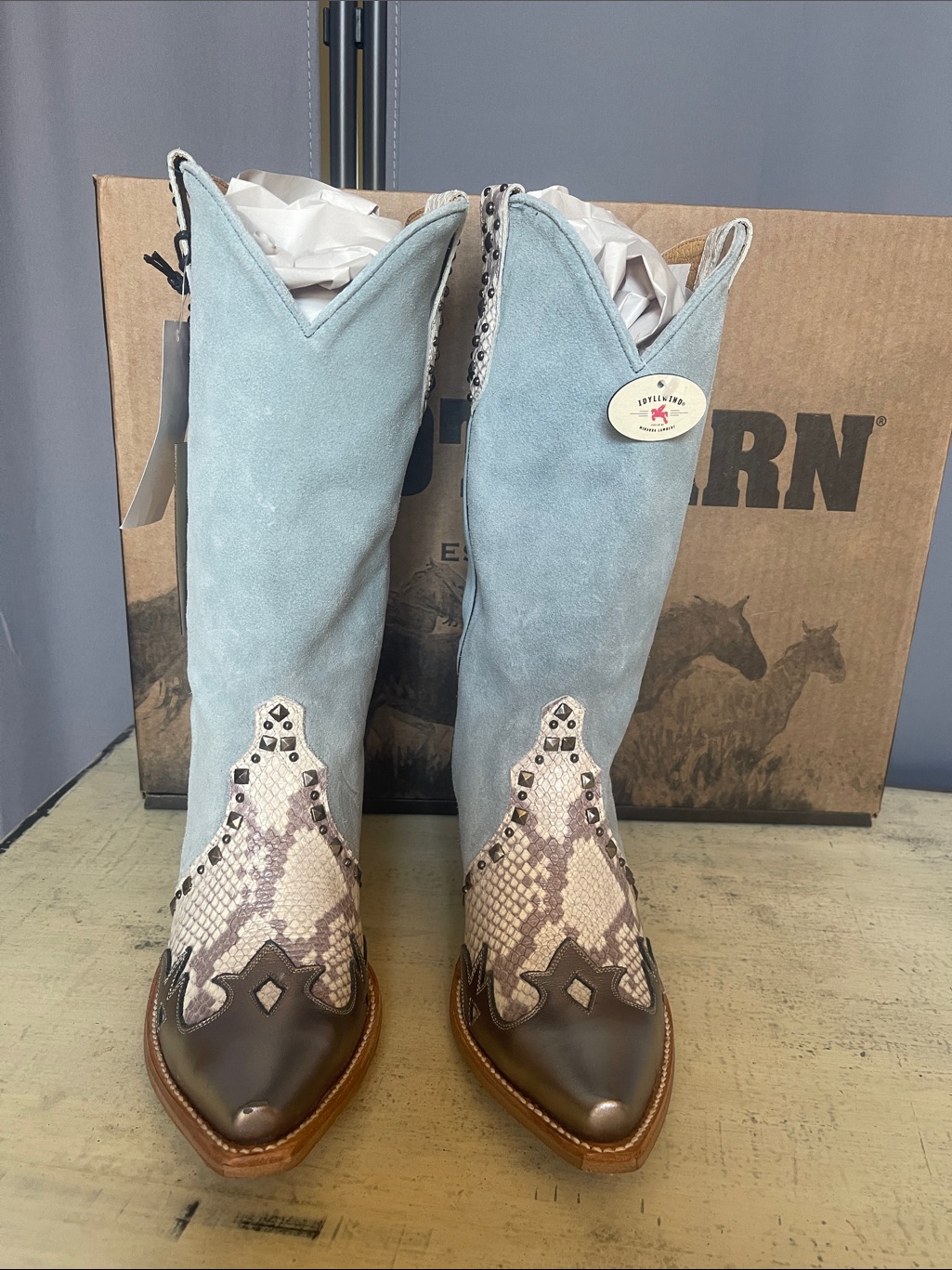 Light Blue Suede Western Cowboy Boots With Snakeskin Accent